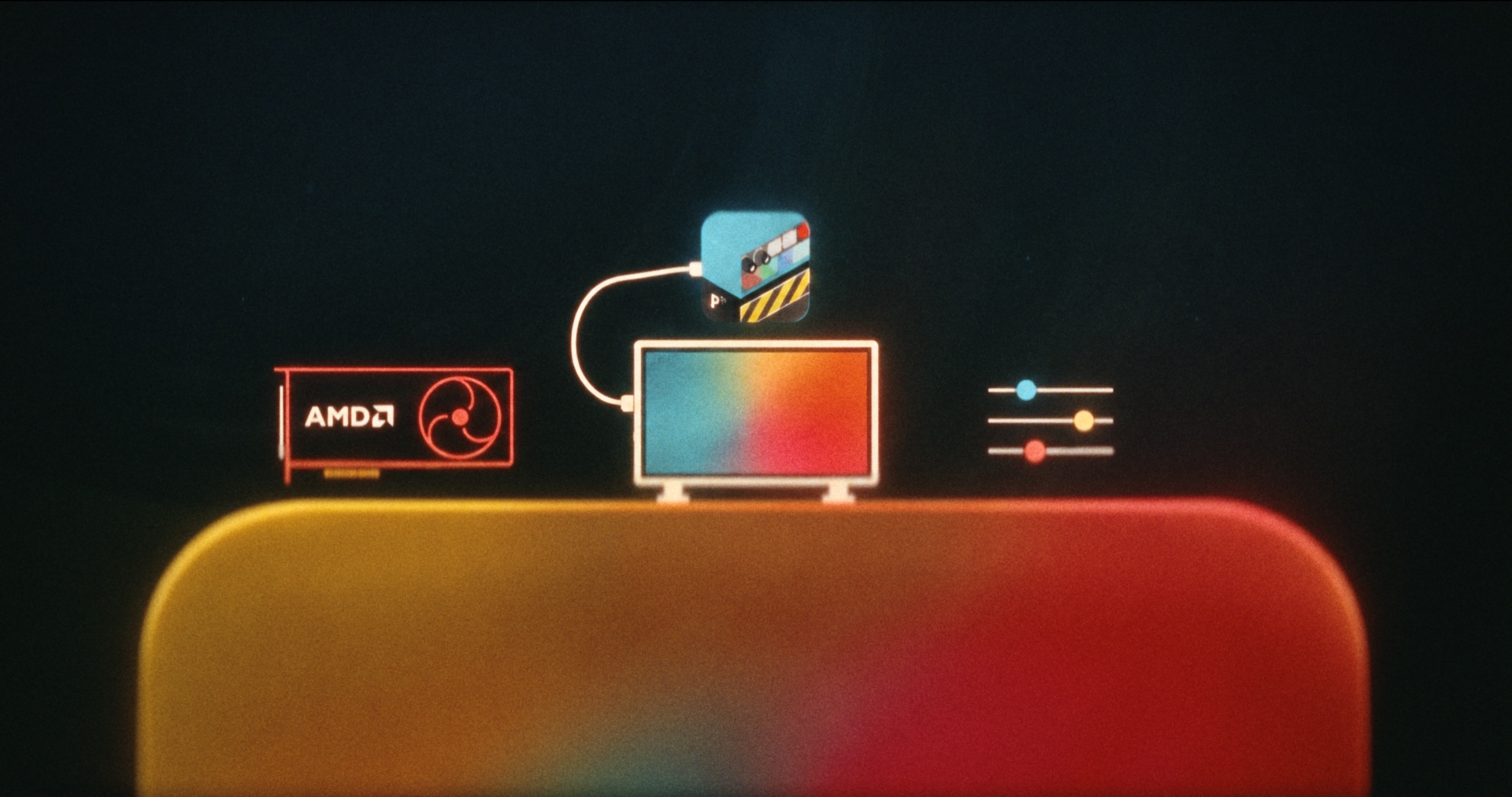An AMD graphics card, a central on-set monitor connected to the Livegrade icon above it, and color sliders over a glowing rounded shelf