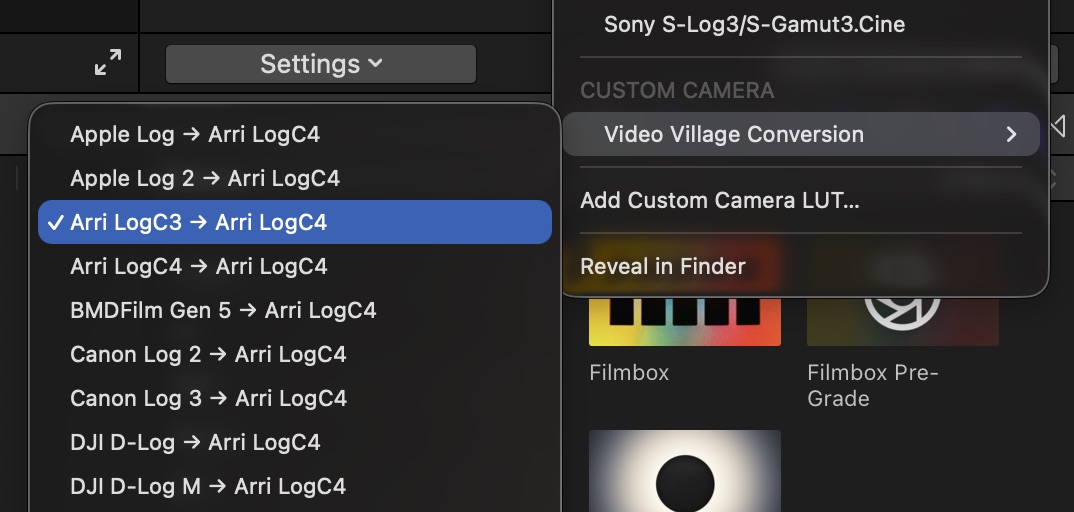 Final Cut Pro showing Video Village Camera Conversions and the Filmbox Pre-Grade effect