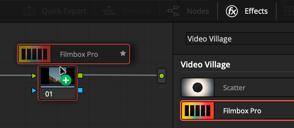 Dragging Filmbox Pro from the Effects panel onto a node