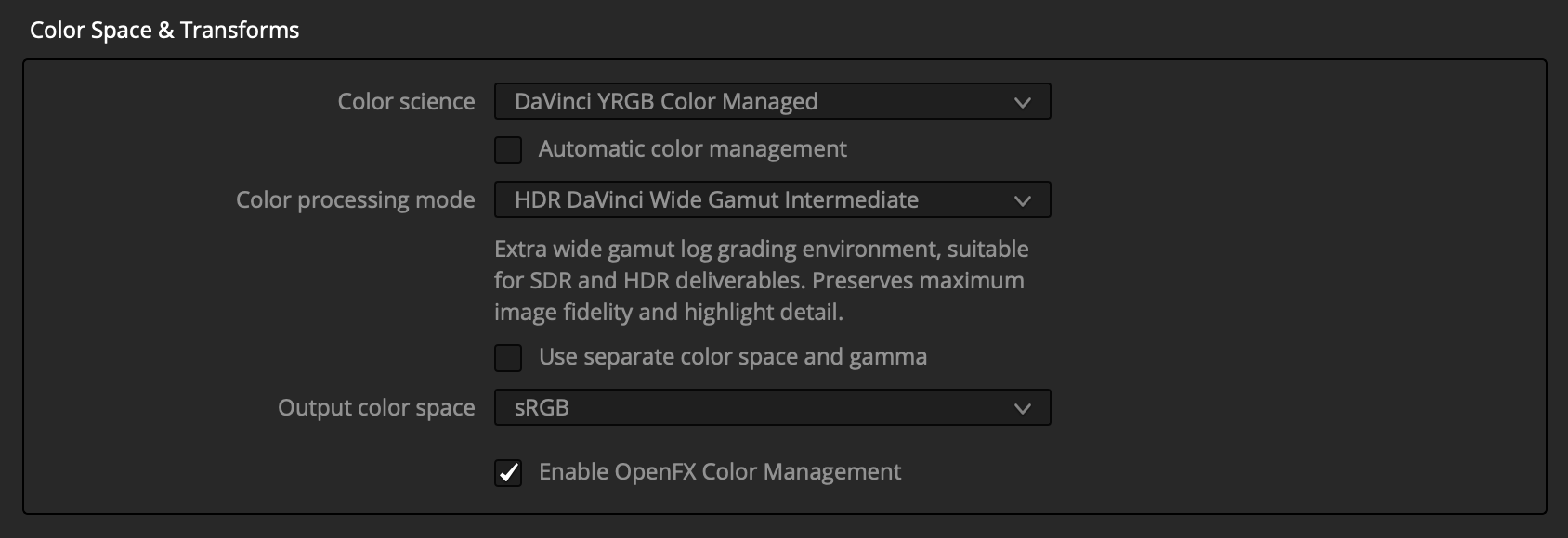 Resolve Color Management project settings: DaVinci YRGB Color Managed, HDR DaVinci Wide Gamut Intermediate, sRGB output