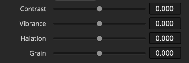Filmbox Looks Contrast, Vibrance, Halation, and Grain controls