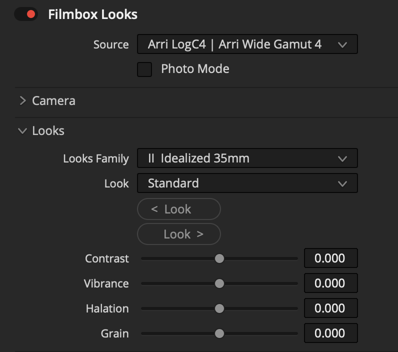 Filmbox Looks interface with Source, Camera, Looks Family, Look, and characteristic controls