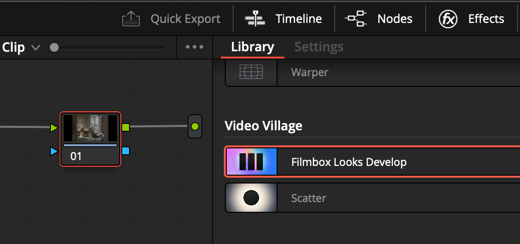 Dragging Filmbox Looks from the Resolve Effects library onto a color node