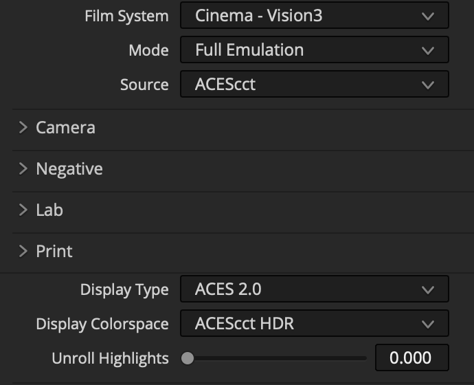 Filmbox configured for an ACEScct source, ACES 2.0 display type, and ACEScct HDR output
