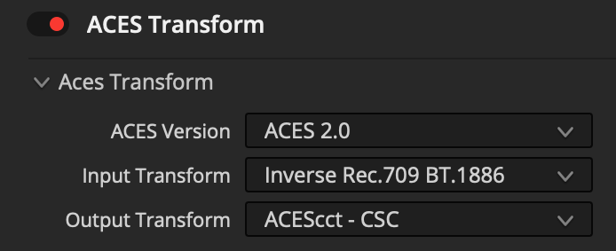 ACES Transform OFX configured to output ACEScct before Filmbox