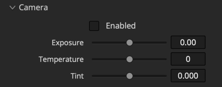 Filmbox Camera controls for exposure, temperature, and tint