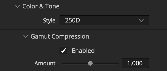 Filmbox Color and Tone controls with stock style and gamut compression settings