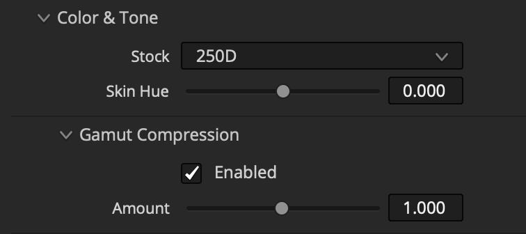 Filmbox Color and Tone controls with Stock, Skin Hue, and Gamut Compression settings