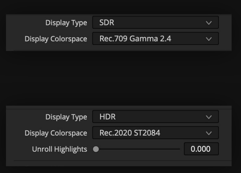 Filmbox SDR and HDR display controls including Display Colorspace and Unroll Highlights
