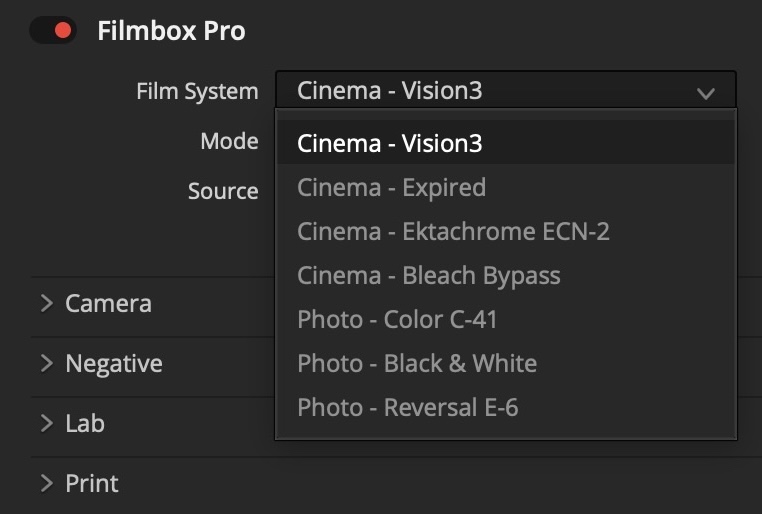 Filmbox Film System dropdown showing the seven available systems