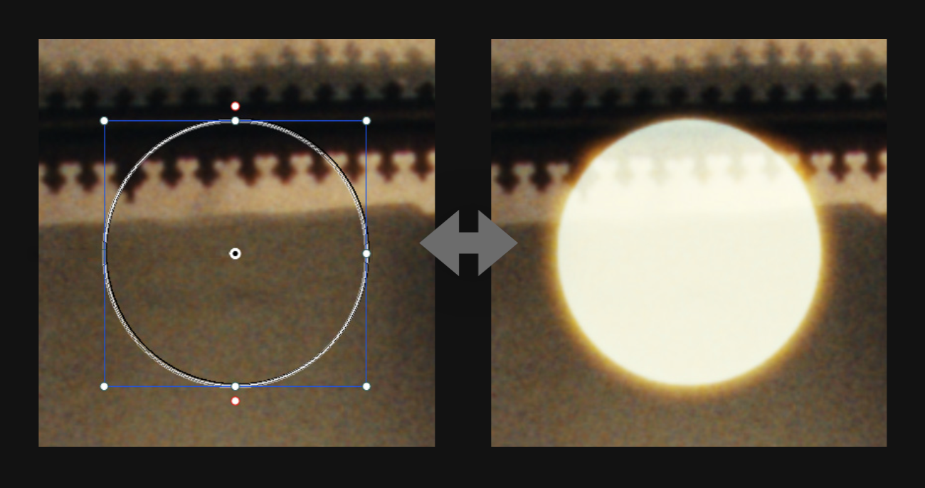 A circular power window brightening a film frame before Filmbox and the resulting bright, grainy area with amber halation