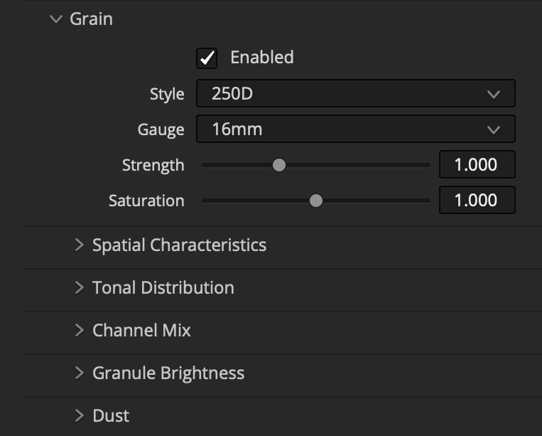 Filmbox Grain controls for style, gauge, strength, and saturation with the remaining control groups collapsed