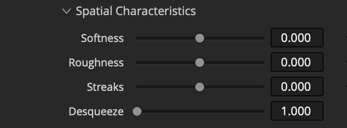 Filmbox Grain Spatial Characteristics controls for softness, roughness, streaks, and desqueeze