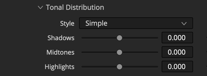 Filmbox Grain Tonal Distribution controls for style, shadows, midtones, and highlights