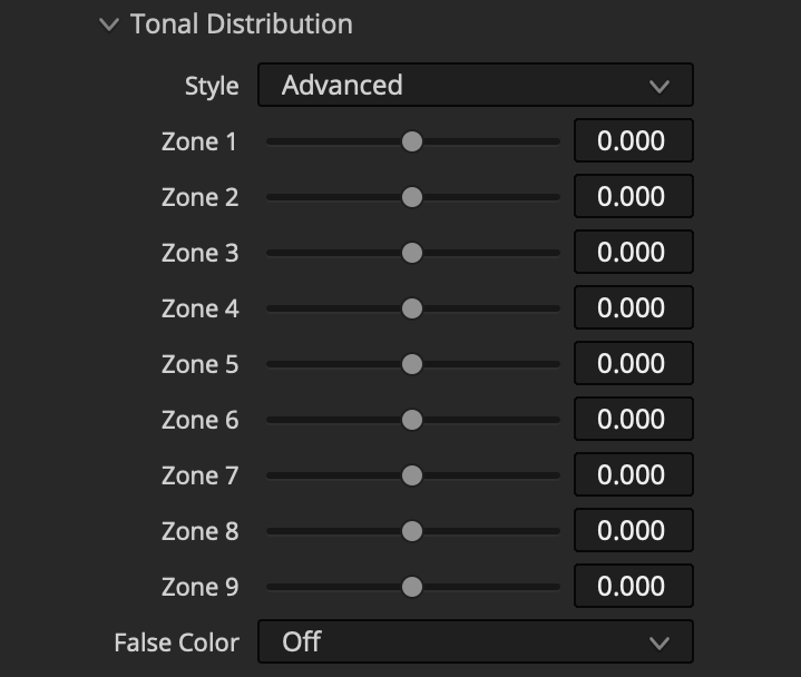 Advanced Grain Tonal Distribution controls with nine zones and False Color