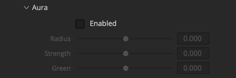 Filmbox Halation Aura controls for radius, strength, and green contribution