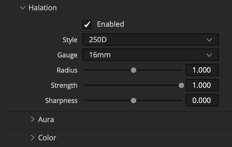 Filmbox Halation controls for style, gauge, radius, strength, and sharpness with Aura and Color collapsed