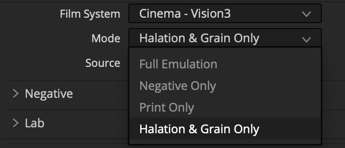 Filmbox Mode menu with Halation and Grain Only selected