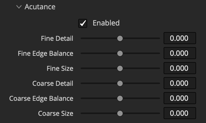 Filmbox Acutance controls for fine and coarse detail, edge balance, and size