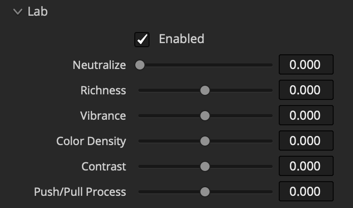 Filmbox Lab controls for neutralize, richness, vibrance, color density, contrast, and push or pull processing