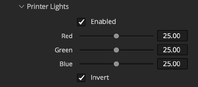 Filmbox Printer Lights controls for red, green, blue, and inverted printer point values