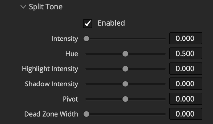 Filmbox Split Tone controls for intensity, hue, highlight and shadow intensity, pivot, and dead zone width