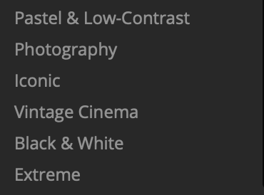 Aesthetic Looks families including Pastel, Photography, Iconic, Vintage Cinema, Black and White, and Extreme