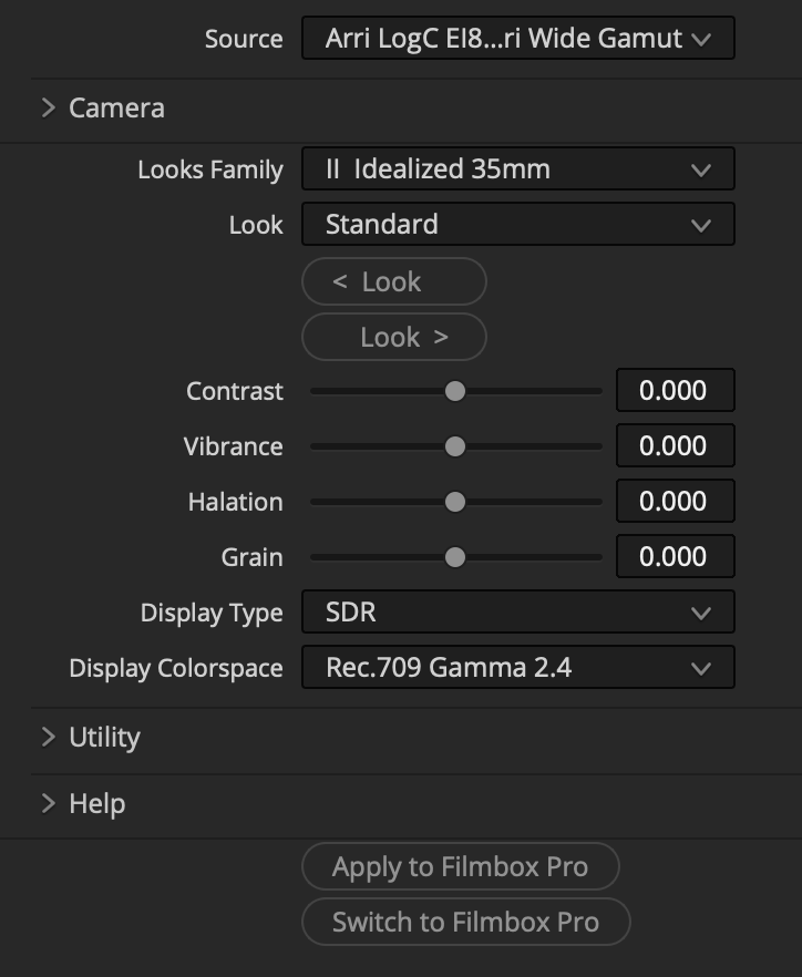 Filmbox Looks interface with Looks Family, Look, contrast, vibrance, halation, and grain controls