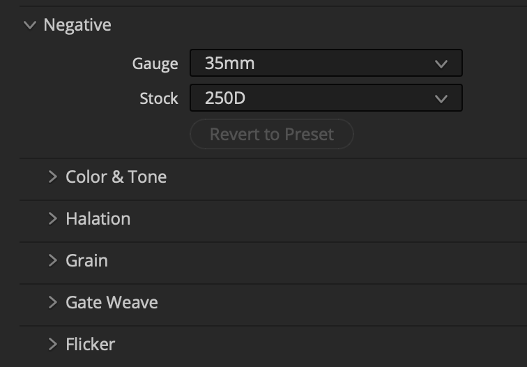 Filmbox Negative module with gauge, stock, Color and Tone, Halation, Grain, Gate Weave, and Flicker sections