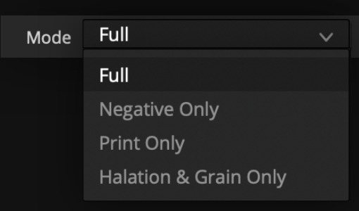 Filmbox Mode menu with Full, Negative Only, Print Only, and Halation and Grain Only options