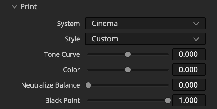 Custom Cinema Print controls for tone curve, color, neutralize balance, and black point