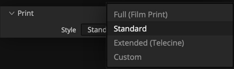 Filmbox Print Style menu with Full, Standard, Extended, and Custom options