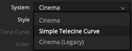 Filmbox Print System menu with Cinema, Simple Telecine Curve, and Cinema Legacy