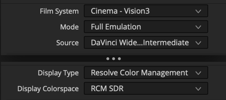 Filmbox configured for a DaVinci Wide Gamut Intermediate source and RCM SDR display colorspace