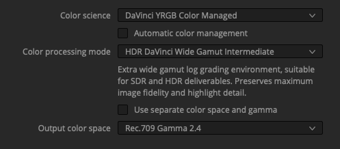 Resolve project settings using DaVinci YRGB Color Managed and DaVinci Wide Gamut Intermediate