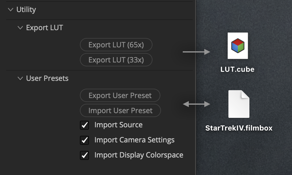 Filmbox Utility controls for exporting LUTs and importing or exporting .filmbox user presets