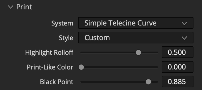 Simple Telecine Curve controls for highlight rolloff, print-like color, and black point