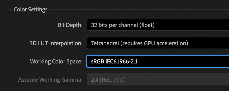 After Effects project color settings with sRGB as the working color space