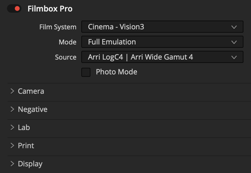Filmbox Pro interface showing Film System, Mode, Source, Photo Mode, Camera, Negative, Lab, Print, and Display