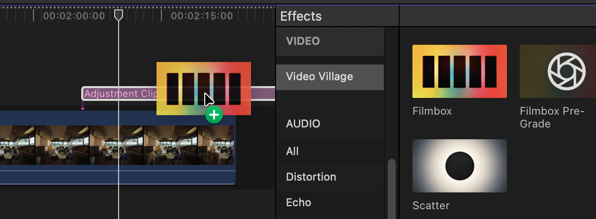 Dragging Filmbox from Final Cut Pro's Effects browser onto an adjustment clip