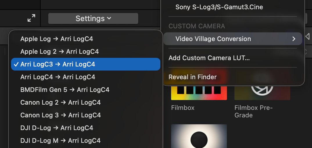 Video Village camera conversions in Final Cut Pro's Camera LUT menu