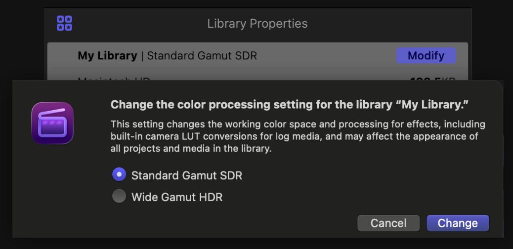 Final Cut library color processing set to Standard Gamut SDR