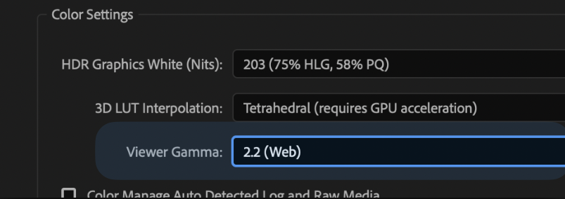 Premiere Pro project color settings with Viewer Gamma set to 2.2 Web