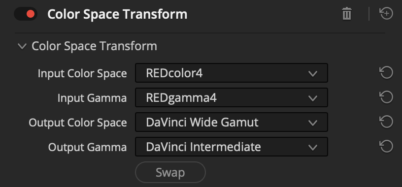 Resolve's Color Space Transform node converting REDcolor4 / REDgamma4 footage to an Output Color Space of DaVinci Wide Gamut and Output Gamma of DaVinci Intermediate
