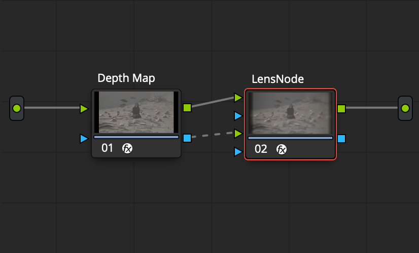 A DaVinci Resolve node graph: the alpha (blue) output of one node feeds the second green input of the LensNode node as a depth map