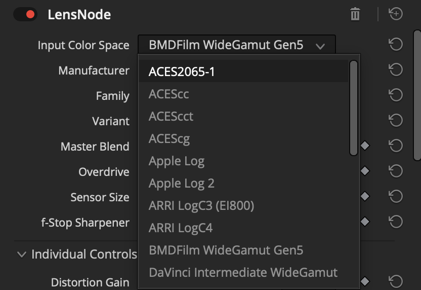The LensNode Input Color Space dropdown open, showing supported spaces including ACES2065-1, ACEScc, ACEScct, ACEScg, Apple Log, Arri LogC3/LogC4, BMDFilm WideGamut Gen5, and DaVinci Intermediate WideGamut
