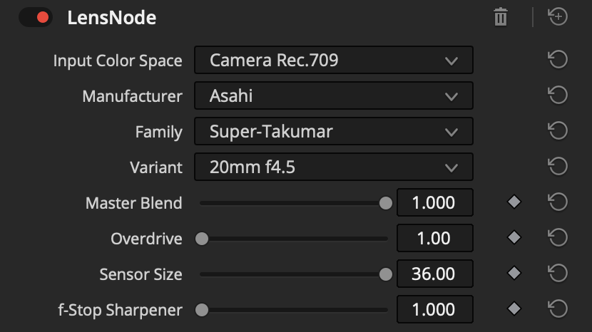 The LensNode panel showing Input Color Space, the Manufacturer / Family / Variant lens dropdowns, and the Master Blend, Overdrive, Sensor Size, and f-Stop Sharpener sliders