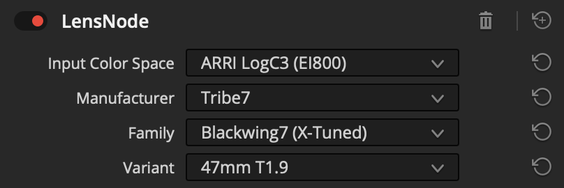 The LensNode Manufacturer, Family, and Variant dropdowns set to Tribe7, Blackwing7 (X-Tuned), and 47mm T1.9