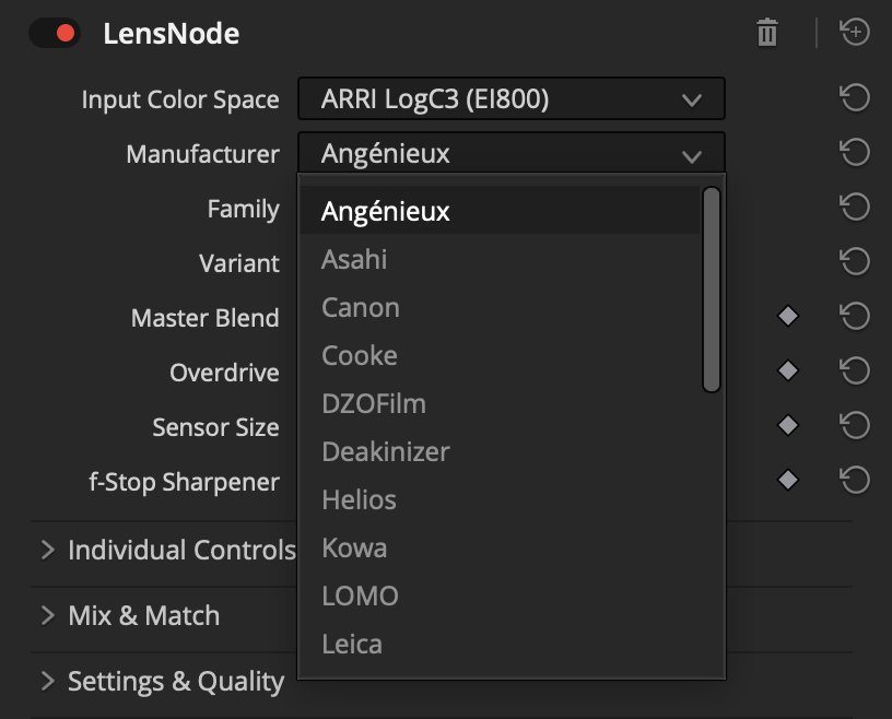 The LensNode Manufacturer dropdown open, listing lens manufacturers including Angénieux, Asahi, Canon, Cooke, DZOFilm, Deakinizer, Helios, Kowa, LOMO, and Leica