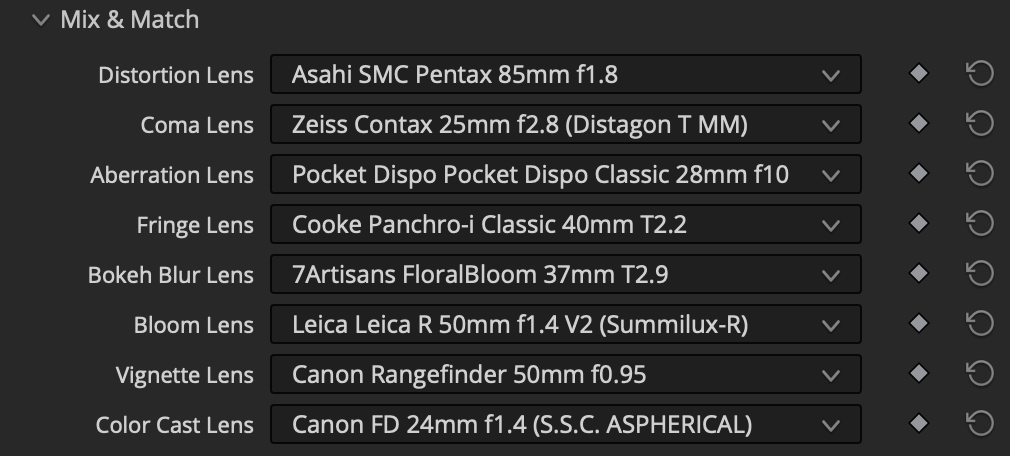 The LensNode Mix & Match section, with a different lens profile assigned to each characteristic — Distortion, Coma, Aberration, Fringe, Bokeh Blur, Bloom, Vignette, and Color Cast
